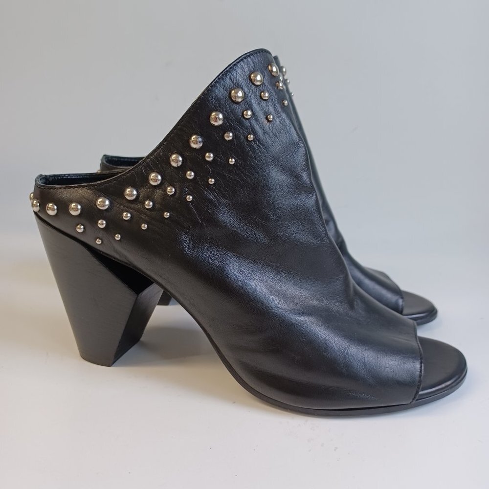 STRATEGIA Mule Heels Black Leather Open Toe Slip Ons with Stud Detail Womens 7.5